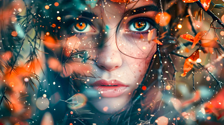 A close-up portrait of a girl with blue eyes, surrounded by a wreath of dark orange and light emerald leaves and flowers, in a dreamlike fantasy style with glimmering light effectsの素材
