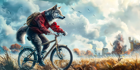 Fantastical Wolf Riding a Racing Bicycle Through a Surreal Dystopian Landscape with Cloudy Sky Smoke and Birds Overheadの素材