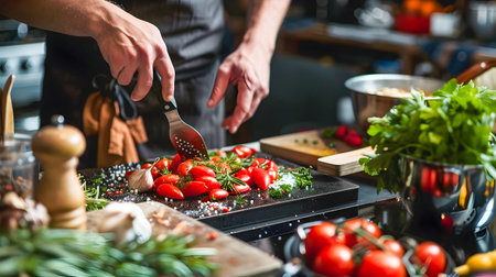 A chef is glazing tomatoes on the kitchen table surrounded by fresh vegetables in a gourmet kitchenの素材