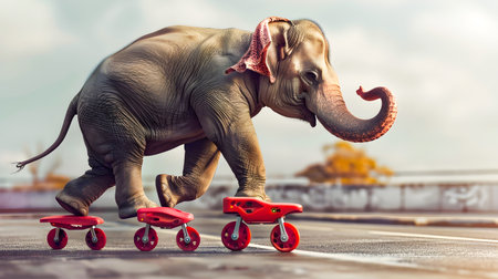 Whimsical and imaginative digital depicting an Asian elephant gracefully rolling on a pair of rollerskates through an outdoor environmentの素材