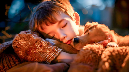Peaceful slumber shared between a young boy and his adoring puppy companion in a cozy indoor setting showcasing their innocent bond and tender affectionの素材