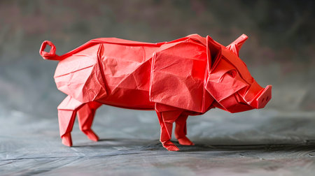 Handmade Geometric Origami Art Sculpture of a Stylized 3D Paper Pig Farm Animal  Intricate Papercraft Design with a Modern Minimalist and Abstract Aestheticの素材