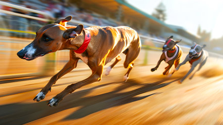 Energetic dogs competing in a thrilling racing competition with blurred motion and high speed movement capturing the intensity and excitement of the eventの素材