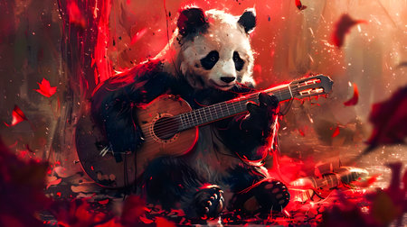 Majestic panda musician playing an electric guitar on a glowing illuminated stage in a surreal fantastical forest setting with dancing flames smoke and dramatic lightingの素材