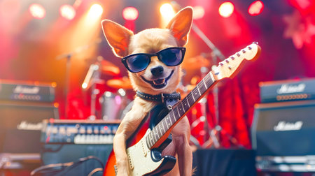 Playful Chihuahua Dressed in Stylish Sunglasses Rocking Out on the Lively Stage of a Colorful Concert Hall Displaying Remarkable Musical Talent and Showmanshipの素材