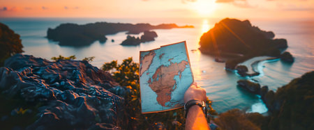 A solo traveler with a backpack and a map ready for an adventure in a scenic view in the middle of natureの素材