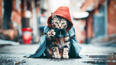 Cute and curious feline photographer exploring the lively urban street with a vintage and capturing the unique cityscape around itの素材