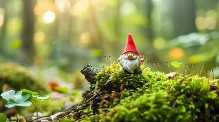 Cute and quirky miniature gnome figurine nestled amidst a dense lush green forest landscape filled with moss mushrooms leaves and other natural elements  This whimsicalの素材