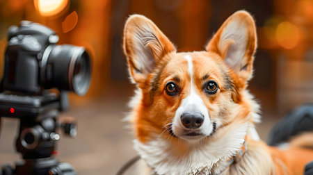 Adorable Corgi Pembroke Dog Posing for in Studio Session  Energetic and friendly Welsh Corgi breed dog sitting and looking towards the against a brown backgroundの素材