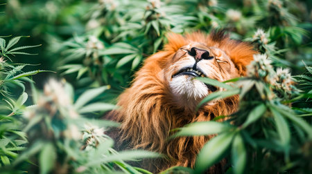 A majestic lion with a content joyful expression resting amidst a thriving verdant landscape of lush cannabis plants in a tropical forested environment  The lion appears relaxed and at peaceの素材