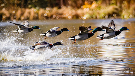 A flock of male ring necked ducks takes to the air in pursuit of a female creating a dynamic and graceful scene as they escape the water s surfaceの素材