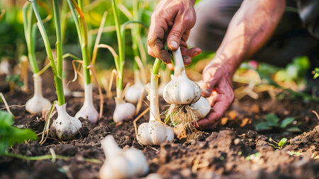 Closeup View of Freshly Harvested Garlic Bulbs Emerging from the Fertile Garden Soil Highlighting the Manual Labor and Natural Abundance of the Organic Farming Processの素材