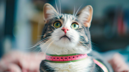 Curious gray white domestic house cat with pink centimeter measuring tape collar looking directly at the in a studio or indoor home settingの素材