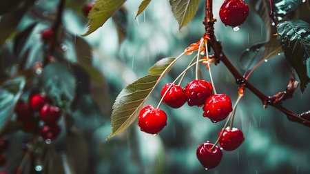 Vibrant ripe red cherries hanging in a bountiful cluster on a verdant cherry tree branch showcasing the natural sweetness and freshness of this summer fruitの素材