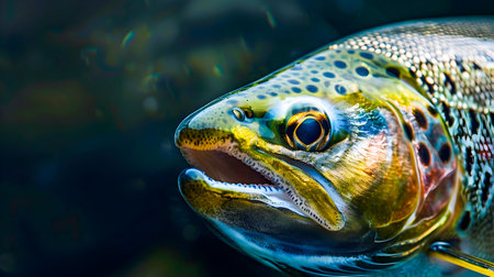 Striking Closeup Portrait of a Vibrant Colorfully Patterned Trout Swimming in a Mysterious and Moody Underwater Environmentの素材