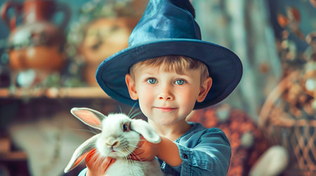 Charming young boy dressed as a magician holding a small rabbit in a cozy indoor setting showcasing the wonder and imagination of childhoodの素材