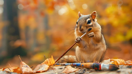 Curious chipmunk holding an paintbrush in the midst of a vibrant autumn forest surrounded by colorful fallen leaves and natural foliageの素材