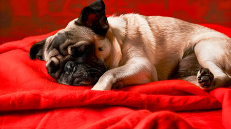 Cute Pug Dog Breed Sleeping Soundly on Soft Red Blanket Backdrop for Adorable Puppy Activity Photoshoot in Cozy Studio Settingの素材