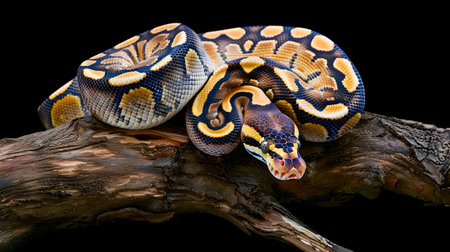 Detailed close up portrait of a regal ball python snake Python regius coiled on a wooden branch or log against a dark backgroundの素材
