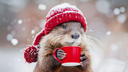 Encantadora nutria con jersey y sombrero rojo sosteniendo una taza de caf caliente caminando en un bello paisaje nevado de bosque de invierno expresin alegre y tiernaの素材