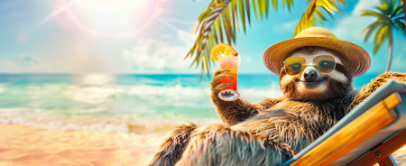 Happy and smiling sloth wearing a summer hat and stylish sunglasses holding a cocktail glass sitting on a beach chair under the palm treesの素材