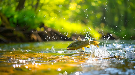 Energetic trout leaping out of a clear flowing stream with splashing water droplets in a beautiful natural landscape settingの素材