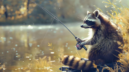 Raccoon Fishing with Fishing Rod on the Shore of a Tranquil Lake in a Forested Wilderness Landscape with Rain Drops and Reflections in the Waterの素材