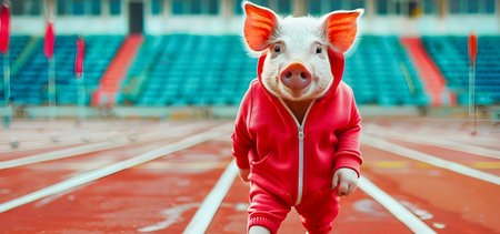 Playful piglet wearing a bright red sports tracksuit and one running shoe dashing energetically along the jogging track in a large outdoor sports stadium or arenaの素材