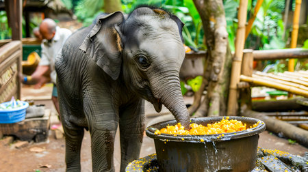 Orphan young elephant getting fed at an animal orphanage or rescue sanctuary  The elephant is being cared for and nourished by caretakers or volunteers at the facilityの素材