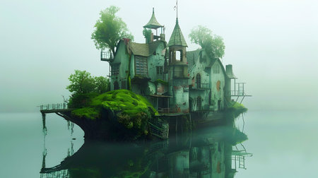 A unique and atmospheric digital painting of abandoned and whimsical houses floating on a body of foggy water in the style of steampunk and meticulous fantasyの素材