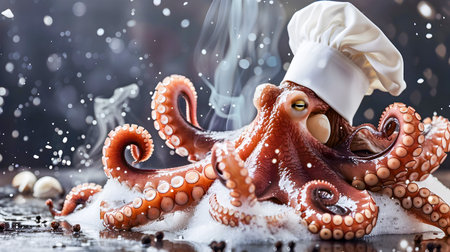 Whimsical Octopus Chef Donning White Hat Amid Culinary Steam and Bubbles   Surreal Creative Seafood Cooking Concept with Unique Imaginative Presentationの素材