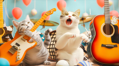 Playful Felines Showcasing Their Musical Talents by Performing on Stage with Electric and Acoustic Guitars Singing and Entertaining the Audienceの素材