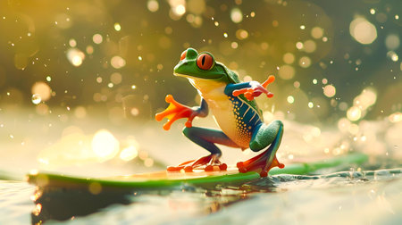 Playful frog riding a surfboard and skiing across the surface of a tranquil pond or lake creating splashing water effects and a surreal whimsical scene in the natural environmentの素材