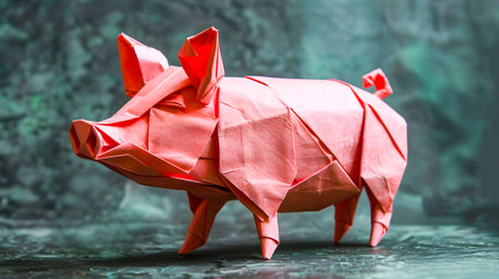 Handmade Origami Paper Pig Sculpture Geometric Farm Animal Art Decor for Modern Home or Office Interior  Handcrafted Papercraft Figurine in Red and Pink Shadesの素材