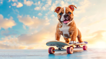 Energetic Puppy Riding Skateboard Against Vibrant Sunset Sky with Fluffy Clouds   A Playful and Joyful Scene of a Furry Canine Companion Embracing the Thrill of Skateboarding in the Great Outdoorsの素材