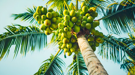 Lush tropical palm tree adorned with vibrant green fruit hanging gracefully from its swaying branches showcasing the bounty and beauty of a thriving exotic garden or plantationの素材