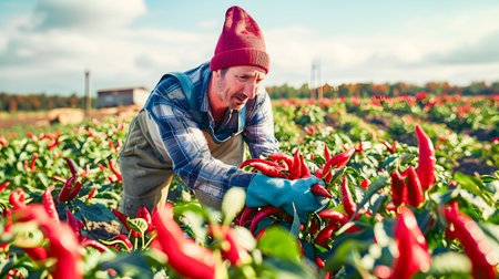 Farmer Harvesting Ripe Red Bell Peppers from Plants in Autumn Farmland Field  Seasonal Organic Vegetable Crop Cultivation and Gardening Conceptの素材