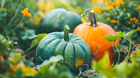 Green and orange pumpkins growing in autumn garden or on a fall harvest backdrop  Seasonal nature scene with foliage leaves and natural farmingagricultural elementsの素材