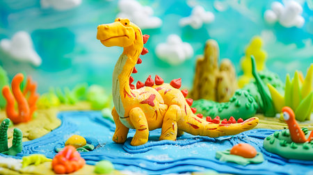 A charming plasticine dinosaur figurine nestled in a whimsical  colorful Jurassic landscape scene with lush foliage  a flowing river  and fantastical rock formations  creating a delightfulの素材