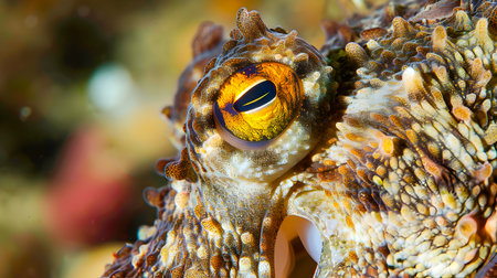 Mesmerizing Close up of a Common Octopus  Captivating Eye Revealing Its Aquatic Splendor and Enigmatic Natureの素材