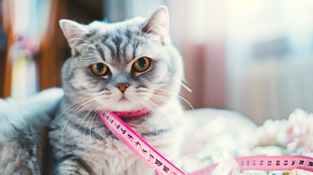 Closeup Portrait of a Curious Gray White Tabby Cat with a Pink Measure Tape or Centimeter Wrapped Around its Neck Looking Directly at the in a Home or Studio Settingの素材