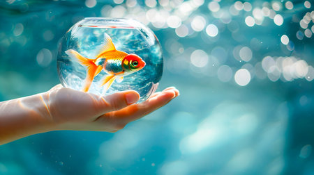 Goldfish Granting Wishes in Captivating Glass Bowl with Ethereal Bubbles and Mystical Bokeh Background  A whimsical and intriguing image of a goldfish in an aquarium bowlの素材