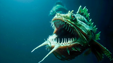 Anglerfish Lurking in the Depths of the Dark and Mysterious Ocean   A Predatory Creature with Terrifying Jaws and a Bioluminescent Lure Adapted to Thrive in the Unexplored Ecosystems of the Deep Seaの素材