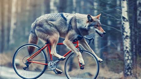 Fearless Wolf Chasing Thrill on Racing Bicycle through Rugged Forest Landscape   A Powerful and Captivating Image Depicting the Unexpected and Exhilarating Synergy of Nature and Technologyの素材