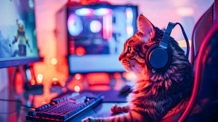 A cozy cluttered gaming setup with a cat wearing headphones surrounded by a computer keyboard mouse and other digital devices  The space is illuminated by vibrant neon lightsの素材