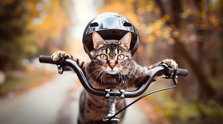 Curious cat adventuring through autumn forest on a bicycle while wearing a protective helmet exploring the outdoors in a whimsical and playful mannerの素材
