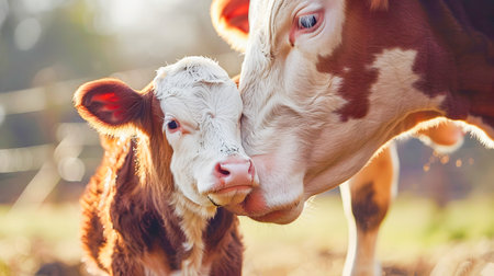 Adorable brown and white calf drinking milk from its mother cow in a lush pastoral farm landscape filled with grass nature and a serene countryside settingの素材