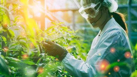 A hardworking female biologist in a greenhouse conducting research in the field of plant science surrounded by various tools and equipment in a style of anamorphic lens flare and light-filled scenesの素材