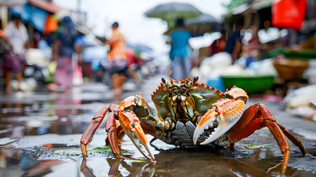 A curious crustacean likely a crab casually strolling through a lively rural market scene  The image captures the bustling activity of vendors selling their wares under colorful umbrellasの素材