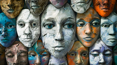 A unique and colorful collage of textured faces made in the style of mixed media and rendered in Cinema4D A fragmented collection of various facial expressions and painted figures by artist Arttaja McMの素材